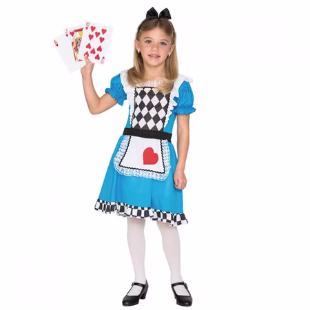 Märchen Kostüm Wunderland Mädchen Alice Blau Kleid & Haarband für Kinder Gr. 104-116 SALE Fasching Karneval Kinderfasching Mottoparty Mädchen im blauen Märchenkostüm mit weißer Schürze, Herzmotiv, Puffärmeln und schwarzem Haarband mit Schleife, inspiriert von einer fantasievollen Wunderwelt.