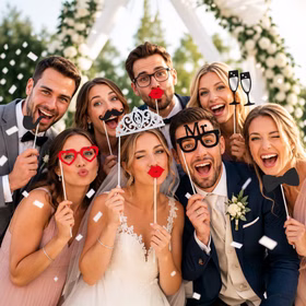 Fotorequisiten Hochzeit 12-tlg. lustige Foto-Accessoires Photobooth & Fotobox SALE Kostüm-Zubehör Hochzeitsfeier Party-Zubehör Party-Deko Fröhliche Hochzeitsgesellschaft mit Fotorequisiten am Stab wie Mr.-Brille, Herzbrille, Krone, Kussmund, Bart und Sektgläsern für kreative Erinnerungsfotos.