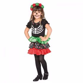 La Catrina Kostüm Kleinkind Tag der Toten Kleid Halloween Día de los Muertos-Look Mädchen Gr. 80/86 SALE Fasching Kinderfasching Karneval Mottoparty Halloween Kleines Mädchen im La-Catrina-Kostüm mit schwarzem Kleid, Skelett-Aufdruck, mehrlagigem Rock in Rot und Grün sowie Rosen-Haarreif für Halloween und Tag der Toten.