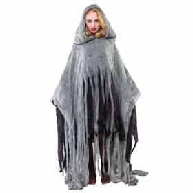 Halloween Kostüm Poncho Zombie für Erwachsene Gr. M-L grau Unisex Fasching Karneval Mottoparty Grusel-Outfit Geist Unisex-Kostüm