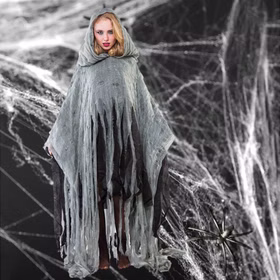 Halloween Kostüm Poncho Zombie für Erwachsene Gr. M-L grau Unisex Fasching Karneval Mottoparty Grusel-Outfit Geist Unisex-Kostüm