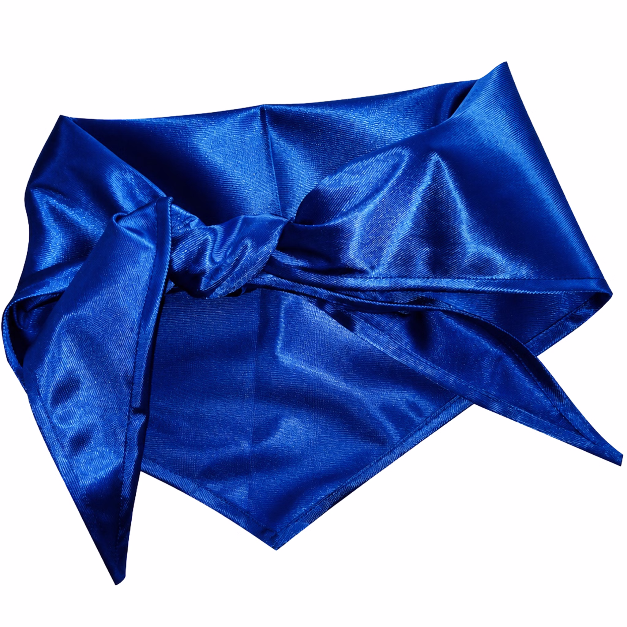Glänzendes blaues Pionier-Halstuch aus Polyester, zum Dreieck gelegt und vorne geknotet, als DDR-Ostalgie-Kostümzubehör.
