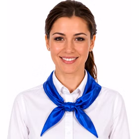 Frau mit blauem Jungpionier-Halstuch über einer weißen Bluse, vorne klassisch geknotet und vor neutralem weißem Hintergrund. Hinweis: KI generiertes Bild