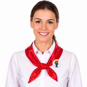 Pionier Halstuch rot an weißer Bluse mit Button Frau mit rotem Pionier-Halstuch und Anstecker über weißer Bluse als DDR-Ostalgie-Kostüm für Fasching, Karneval und Mottoparty. Hinweis: KI generiertes Bild