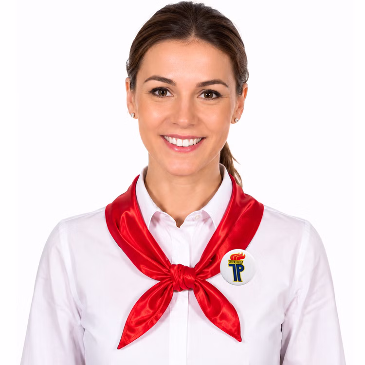 Pionier Halstuch rot an weißer Bluse mit Button Frau mit rotem Pionier-Halstuch und Anstecker über weißer Bluse als DDR-Ostalgie-Kostüm für Fasching, Karneval und Mottoparty. Hinweis: KI generiertes Bild