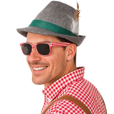 Oktoberfest Trachtenhut Grau mit Rot-Weiß karierte Brille für Erwachsene