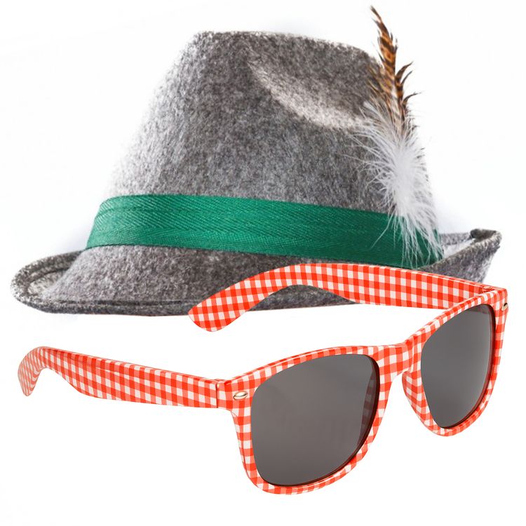 Oktoberfest Trachtenhut Grau mit Rot-Weiß karierte Brille für Erwachsene