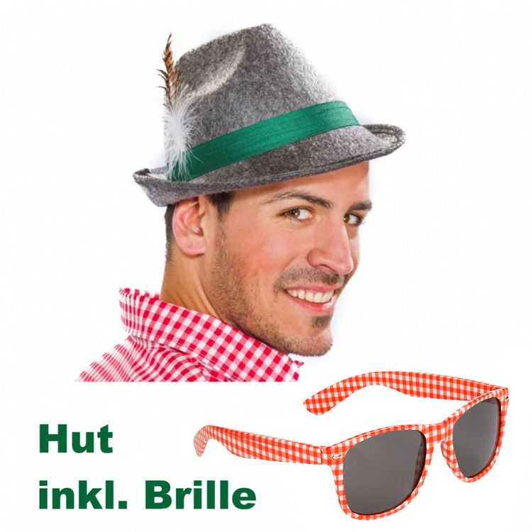 Oktoberfest Trachtenhut Grau mit Rot-Weiß karierte Brille für Erwachsene