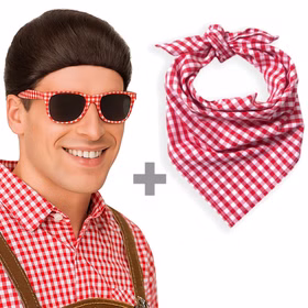 Andre Brille und Halstuch rot-weiß kariert Kostüm-Zubehör für Erwachsene Wiesn Wasen Oktoberfest Fasching Karneval Mottoparty
