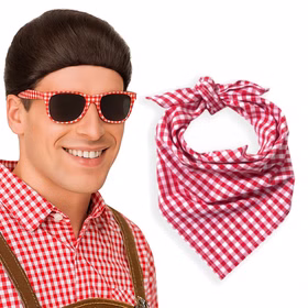 Andre Brille und Halstuch rot-weiß kariert Kostüm-Zubehör für Erwachsene Wiesn Wasen Oktoberfest Fasching Karneval Mottoparty