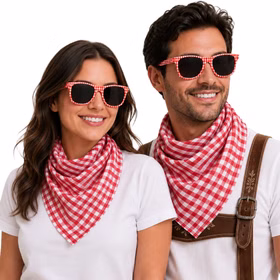 Kariertes Halstuch Brille Damen Herren Frau und Mann tragen rot-weiß karierte Brillen und Halstücher; der Mann kombiniert das Set mit Lederhosen-Hosenträgern. Hinweis: KI generiertes Bild