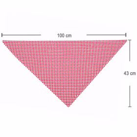Kariertes Halstuch Maße rot weiß Rot-weiß kariertes dreieckiges Halstuch auf weißem Hintergrund mit eingezeichneten Maßen von 100 cm Breite und 43 cm Höhe.