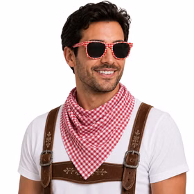 Kariertes Halstuch Brille Herren Tracht Mann trägt rot-weiß kariertes Halstuch und passende Kostümbrille zu weißem Shirt und braunen Lederhosen-Hosenträgern. Hinweis: KI generiertes Bild