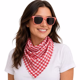 Kariertes Halstuch Brille Damen getragen Frau trägt rot-weiß kariertes Halstuch und passende Kostümbrille mit dunklen Gläsern als Trachten- und Oktoberfest-Zubehör. Hinweis: KI generiertes Bild