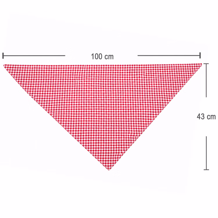Kariertes Halstuch Maße rot weiß Rot-weiß kariertes dreieckiges Halstuch auf weißem Hintergrund mit eingezeichneten Maßen von 100 cm Breite und 43 cm Höhe.