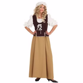 Vorderansicht des Mittelalter Kostüms Magd Else für Damen mit braunem Kleid, weißen Ärmeln, Schnürmieder und weißer Haube.