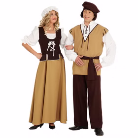 Frau und Mann im Partner-Look: beide tragen ein zueinander passendes Mittelalterkostüm in warmen Braunton.