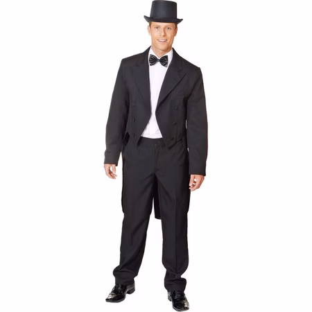 Frack schwarz mit Satinkragen für Herren – 20er Jahre & Show Gr. 46-48 SALE Fasching Karneval Mottoparty Charleston Herr trägt einen schwarzen Frack mit Satinkragen, weißem Hemd, Fliege und Zylinder als elegantes 20er-Jahre-Kostüm.