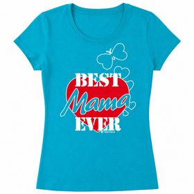 Türkisfarbenes Damen T-Shirt mit Best Mama Ever Aufdruck vor weißem Hintergrund.