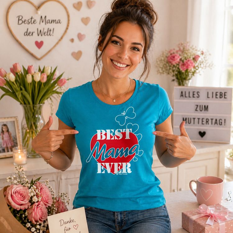 Türkisfarbenes Damen T-Shirt mit Best Mama Ever Aufdruck vor weißem Hintergrund.