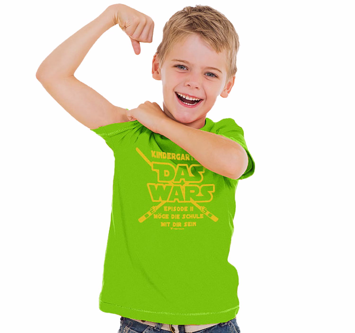 Schulanfang T-Shirt Kindergarten Das WARS Grün für Kinder getragen von einem Jungen der seinen Bizeps spannt und bereit für die Schule ist