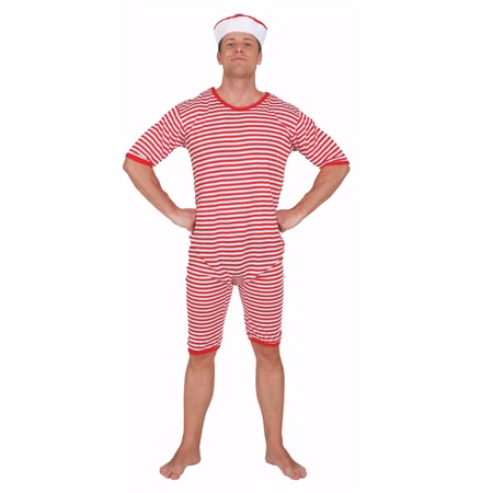 Historischer Badeanzug Kostüm rot-weiß geringelt 20er Jahre Schwimmer für Herren Gr. M-XXL Fasching Karneval Beachparty Mottoparty Historischer Badeanzug Kostüm rot-weiß geringelt 20er Jahre Schwimmer für Herren Gr. M-XXL Fasching Karneval Beachparty Mottoparty