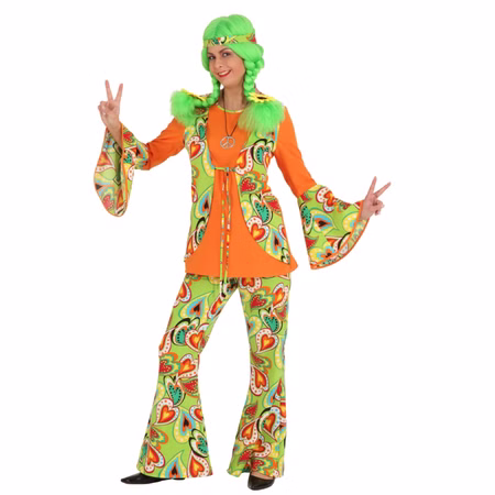 Hippie Kostüm 70er Jahre Bunt mit Stirnband für Damen Gr. 46-48 SALE Fasching Karneval Mottoparty Paarkostüm Frau im bunten Hippie-Outfit mit grüner Flower Power Schlaghose, Farbenfrohen Oberteil mit Trompetenärmeln und grüner Perücke mit Stirnband.