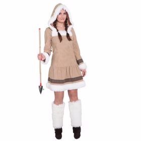 Eskimo Kostüm Damen Polar Kapuzenkleid mit Plüschbesatz Gr. 34 SALE Inuit Alaska Andere Länder Fasching Karneval Mottoparty Paarkostüm Dame im hellbraunen Polar-Kostüm mit Kapuzenkleid, weißem Plüschbesatz und Zierborte; Stulpen und Stab sind Zubehör.