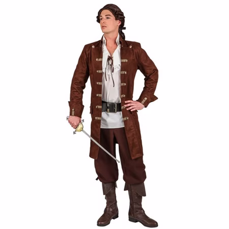 Braune Piratenjacke Deluxe für Herren mit goldfarbenen Borten Herrenmodel trägt die braune Piratenjacke Deluxe mit Stehkragen, Ärmelaufschlägen und goldfarbenen Knöpfen über einem Seeräuber-Outfit.