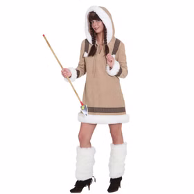 Eskimo Kostüm Deluxe für Damen Gr. 36-50 beige Kleid Inuit Eiszeit Arktis Nordpol Fasching Karneval Mottoparty Paarkostüm Gruppenkostüm