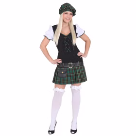 Schotten Kostüm Damen Scottish Lady Kleid, Barett & GürtelGr. 34-40 SALE Kleid mit Faltenrock Schottenrock grün Barett Fasching Karneval Mottoparty Frau im schwarz-grünen Schottinnen-Kostüm mit Tartan-Faltenrock, Barett und Gürtel; weiße Strümpfe und Schuhe sind Zubehör.