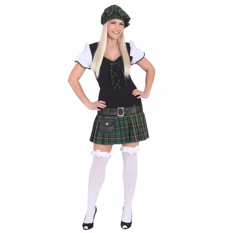 Schotten Kostüm Damen Scottish Lady Kleid, Barett & GürtelGr. 34-40 SALE Kleid mit Faltenrock Schottenrock grün Barett Fasching Karneval Mottoparty Frau im schwarz-grünen Schottinnen-Kostüm mit Tartan-Faltenrock, Barett und Gürtel; weiße Strümpfe und Schuhe sind Zubehör.
