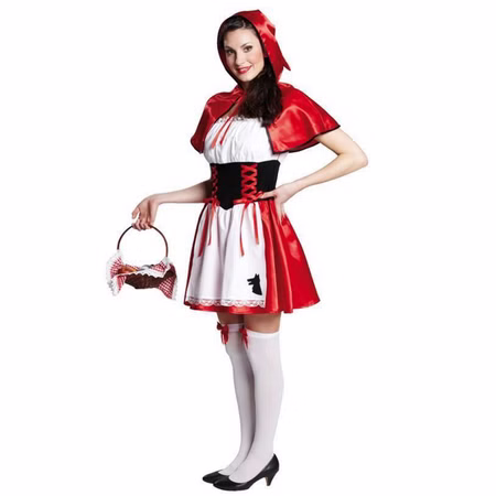 Rotkäppchen Kostüm Damen Märchenkleid mit Cape & Kapuze Gr. 40-44 SALE Fasching Karneval Mottoparty Märchen Rotkäppchen Kostüm für Damen mit rotem Cape und Kapuze, weißer Schürze mit Wolf-Motiv, schwarzem Mieder und rotem Rock im klassischen Märchenstil.