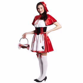 Rotkäppchen Kostüm für Damen mit rotem Cape und Kapuze, weißer Schürze mit Wolf-Motiv, schwarzem Mieder und rotem Rock im klassischen Märchenstil.