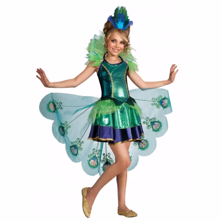 Pfau Kostüm Kinder Peacock Kleid mit Schleppe & Federkamm Kleid Gr. 104 Tierkostüm SALE Fasching Karneval Kinderfasching Vogel Mottoparty Pfauenkostüm für Kinder mit glänzendem grün-blauem Kleid, transparenter Schleppe mit Pfauenfeder-Motiv, Federkragen und passendem Haarkamm mit echten Federn.