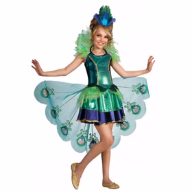 Pfauenkostüm für Kinder mit glänzendem grün-blauem Kleid, transparenter Schleppe mit Pfauenfeder-Motiv, Federkragen und passendem Haarkamm mit echten Federn.