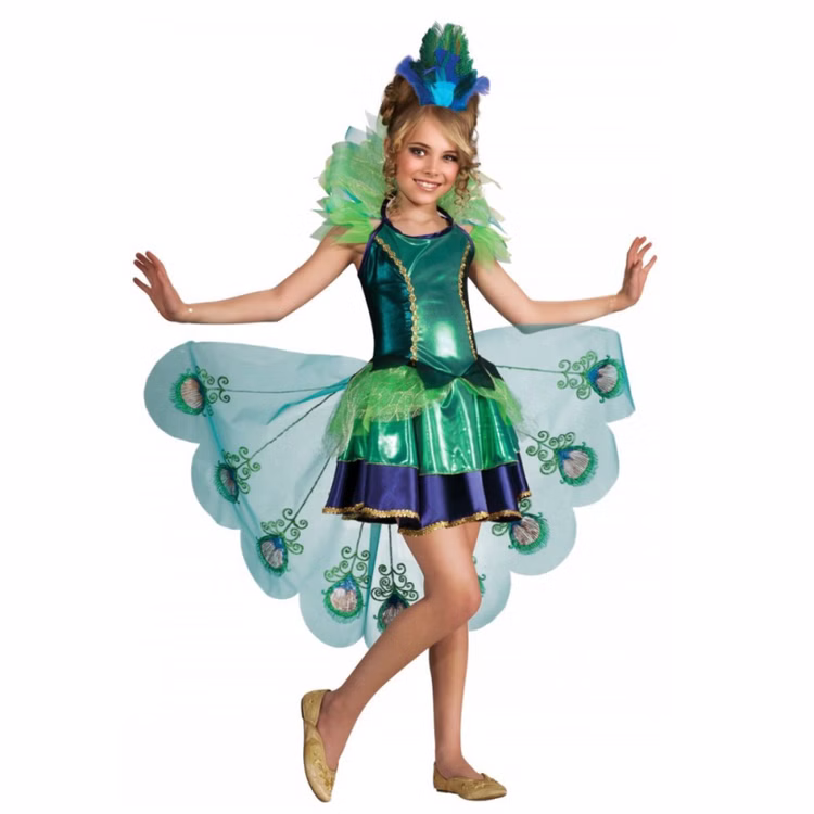 Pfau Kostüm Kinder Peacock Kleid mit Schleppe & Federkamm Kleid Gr. 104 Tierkostüm SALE Fasching Karneval Kinderfasching Vogel Mottoparty Pfauenkostüm für Kinder mit glänzendem grün-blauem Kleid, transparenter Schleppe mit Pfauenfeder-Motiv, Federkragen und passendem Haarkamm mit echten Federn.