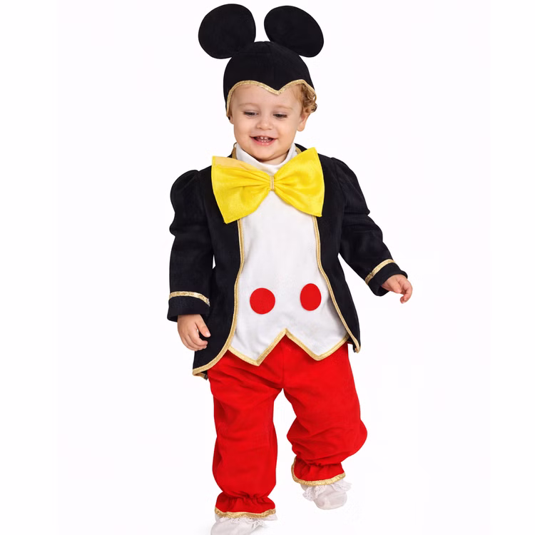 Maus Kostüm Tierkostüm Frack & Mausohren Gr. 80/86 für Kleinkinder Kinderkostüm Fasching Karneval Mottoparty Kinderfasching Kleinkind trägt ein Maus-Kostüm in Größe 80/86 mit schwarzem Frack, gelber Schleife, roter Hose und Ohrenmütze vor weißem Hintergrund.
