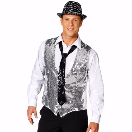 Paillettenweste Silber Herren Charleston 20er Jahre Show Gr. 48-58 Kostüm-Zubehör 20er Jahre SALE Fasching Karneval Mottoparty Herr trägt eine silberne Paillettenweste mit weißem Hemd, schwarzer Krawatte und Hut als Charleston- und Show-Outfit.