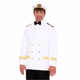 Marine Kostüm Herren Kapitäns-Jacke Uniform Weiß Gr. 58-60 SALE Berufe Fasching Karneval Mottoparty Mann in weißer Kapitänsjacke mit passender Kopfbedeckung verkleidet von Vorne.
