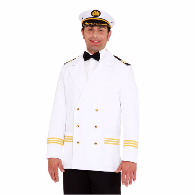 Marine Kostüm Herren Kapitäns-Jacke Uniform Weiß Gr. 58-60 SALE Berufe Fasching Karneval Mottoparty Mann in weißer Kapitänsjacke mit passender Kopfbedeckung verkleidet von Vorne.
