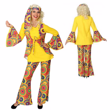 Hippie Kostüm Summertime Damen 70er Jahre Outfit Gelb Bunt Gr. 46-52 SALE Fasching Karneval Mottoparty Schlagermove Vorder- und Rückansicht eines gelb-bunten Hippie-Kostüms für Damen mit angenähter Retro-Weste, Trompetenärmeln und gemusterter Schlaghose.