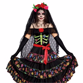 La Catrina Kostüm Lady of the Dead für Damen Gr. L-3XL Kleid Halloween Fasching Karneval Mottoparty andere Länder Mexiko Tag der Toten