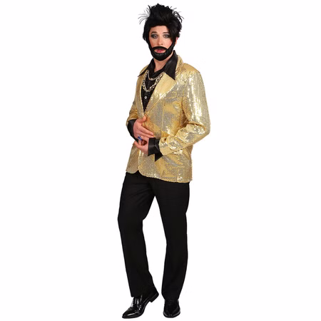 Paillettenjacke Gold für Herren Showman Sakko Gr. 48-54 Casino SALE Fasching Karneval Mottoparty Kostüm-Zubehör glitzernd Mann trägt eine goldene Paillettenjacke mit schwarzem Hemd und Hose als auffälliges Showman-Kostüm vor weißem Hintergrund.