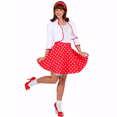 Rockabilly Rock Damen rot gepunktet 50er Jahre Gr. 34-36 SALE Fasching Karneval Mottoparty 50er Jahre Frau in rotem Rockabilly-Rock mit weißen Punkten und Tüllsaum; weißes Oberteil, Bolero, Haarband und Schuhe sind Zubehör.