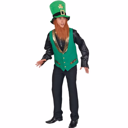 St. Patrick’s Day Weste Grün Gold für Herren Gr. 48-58 Kostüm-Zubehör SALE Fasching Karneval Mottoparty Irland Irish Andere Länder Glücksbringer Herr trägt eine grüne St.-Patrick’s-Day-Weste mit goldfarbenem Kragen und Knöpfen; Hut, Bart und Kleidung sind Zubehör.