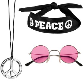 Hippie-Set Stirnband Brille Peace-Kette 3-tlg. Kostüm-Zubehör für Erwachsene 70er Jahre Accessoire Mottoparty SALE Fasching Karneval Schlagermove