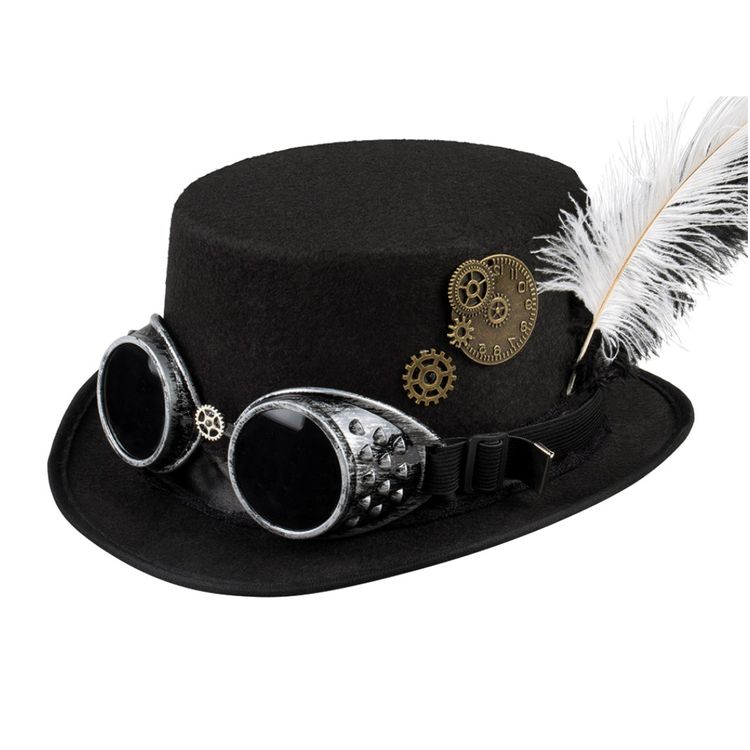 Steampunk Hut schwarz KW 59 cm mit Brille für Erwachsene Kostüm-Zubehör für Damen und Herren Fasching Karneval Mottoparty Steampunk Zylinder