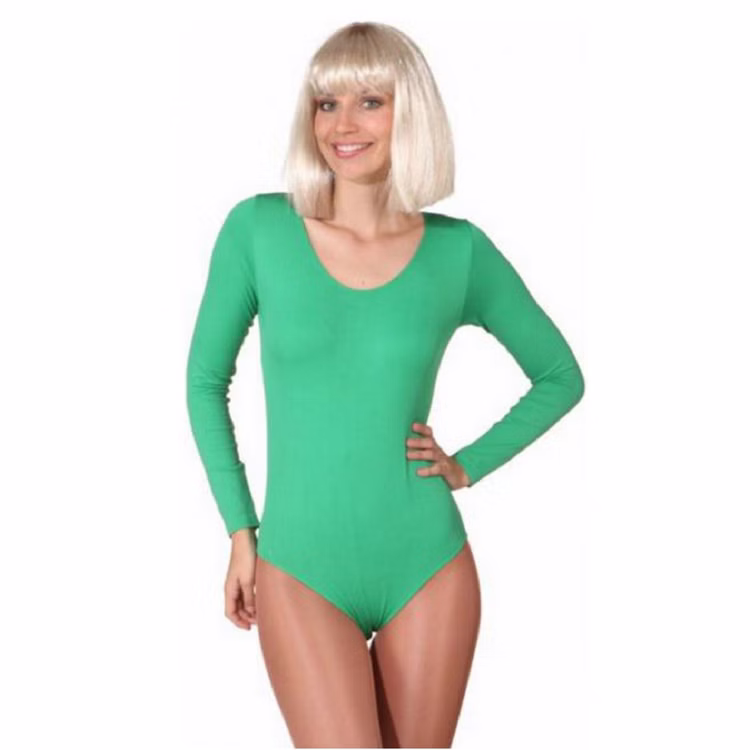 Grüner Langarmbody für Damen S/M Kostüm-Unterzieher SALE Garde Tanzsport Fasching Karneval Mottoparty Damenmodell mit grünem Langarmbody in körpernaher Passform, Rundhalsausschnitt und hochgeschlossenem Rücken auf weißem Hintergrund.