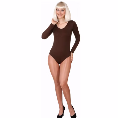 Dunkelbrauner Langarmbody für Damen – Kostüm-Unterzieher Gr. S-3XL SALE Fasching Tanz Tanzsport Garde Karneval Mottoparty Damenmodell mit dunkelbraunem Langarmbody in körpernaher Passform, Rundhalsausschnitt und langen Ärmeln auf weißem Hintergrund.